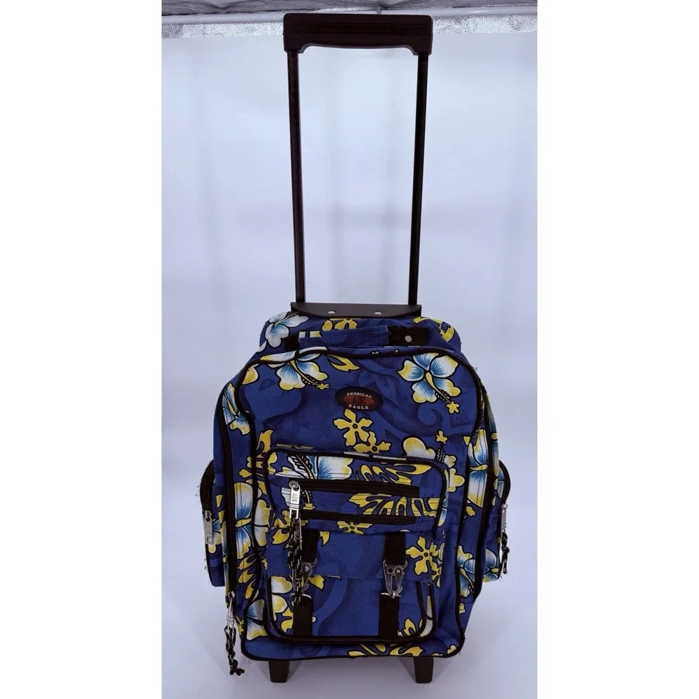 American Eagle Blue Hawaiian Hibiscus Rolling Backpack Carry On Travel Bag VTG